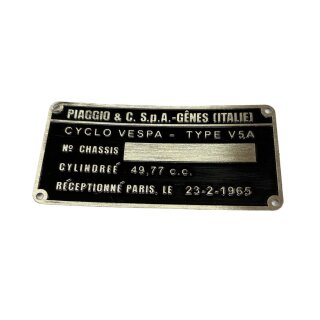 Vin plate "CYCLO VESPA - TYPE V5A"  (89x43mm)
